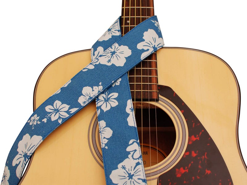MUSIC FIRST Original Design, 2 inch width (5cm), Hawaii Style â€œBlue and White Plumeriaâ€ Soft Canvas & Genuine Leather Delux Banjo Strap, With 2 pieces of MUSIC FIRST Leather Strap Locker. - Image 4